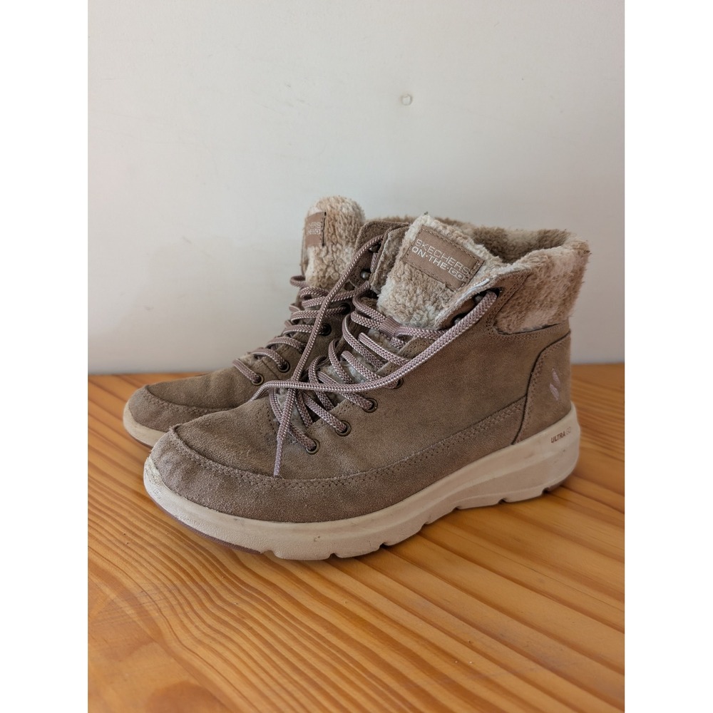 Skechers On-The-Go Joy Tan Leather‎ Faux Fur Ankle Boots 144166 Womens 7